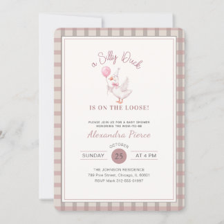 Silly Duck Pink Bow Gingham Baby Shower Invitation
