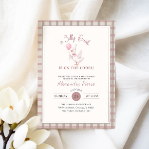 Silly Duck Pink Bow Gingham Baby Shower Invitation