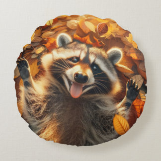 Silly Fall Racoon Round Cushion