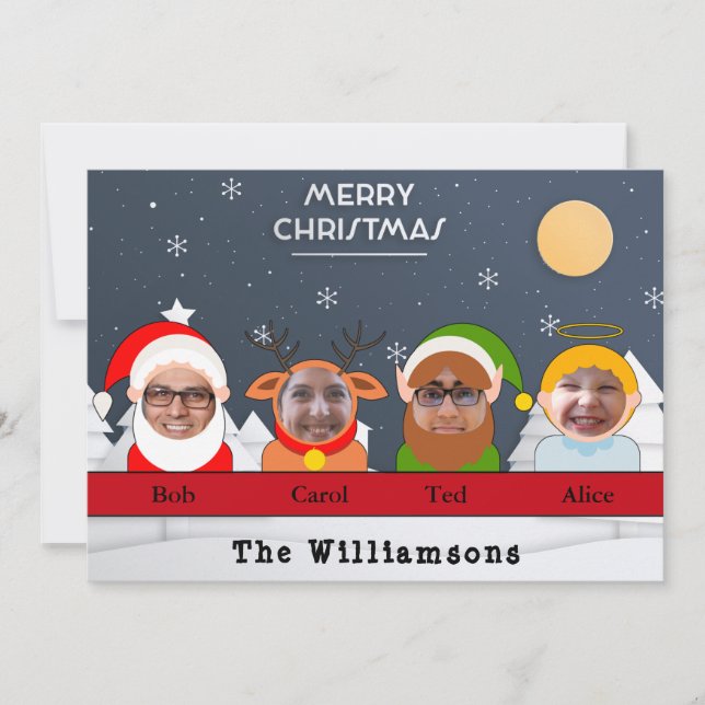 Silly. Family as Santa Reindeer Elf Angel Photo Holiday Card (Front)