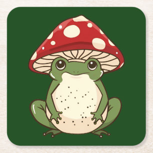 Silly frog fly agaric mushroom square paper coaster