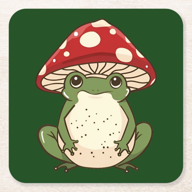 Silly frog fly agaric mushroom square paper coaster (Front)