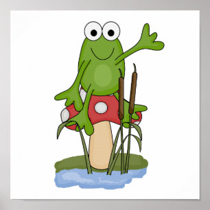 silly frog sitting on mushroom poster