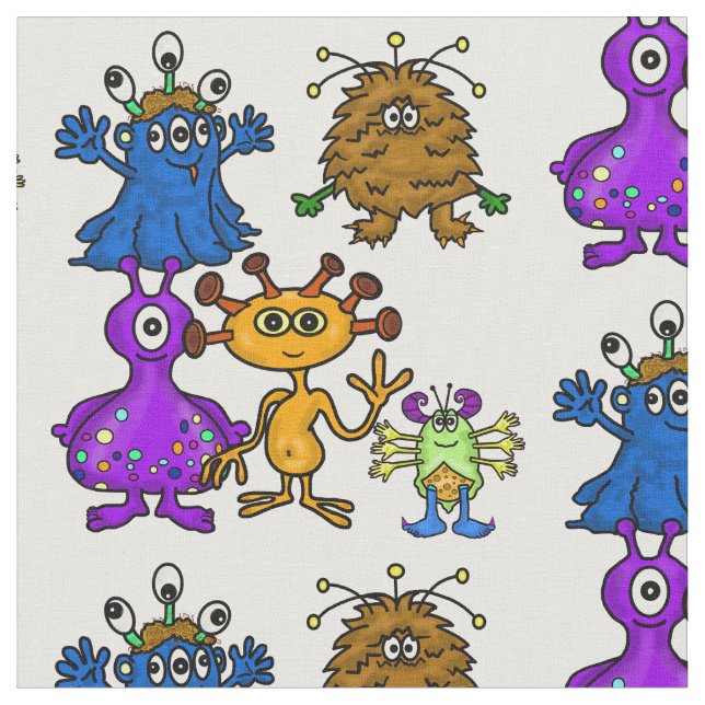 Silly Fun Cartoon Aliens Fabric (Close Up)