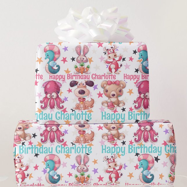 Silly Fun Girl's Birthday Add Name Squid Bunny Dog Wrapping Paper (Creator Uploaded)