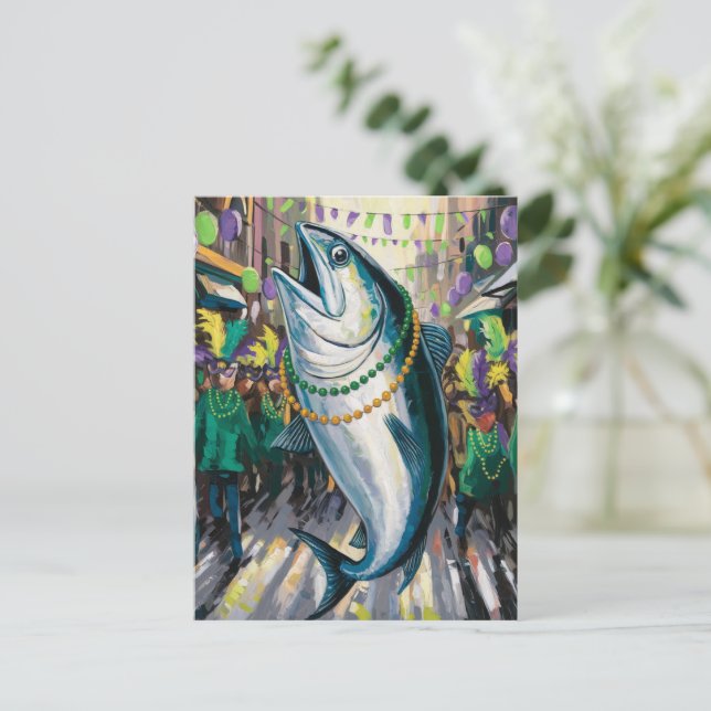 Silly Funny Happy Mardi Gras Fish Postcard (Standing Front)