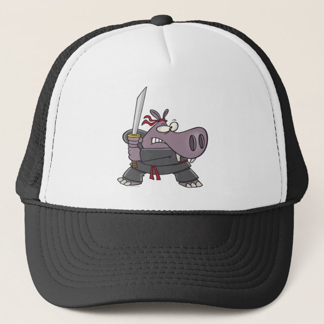silly funny ninja hippo cartoon trucker hat (Front)
