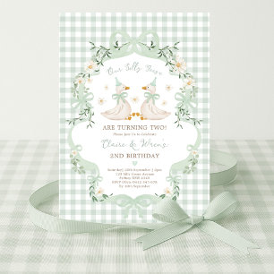 Silly Geese Twins Sage Green Bow Gingham Birthday Invitation