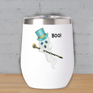 Silly Ghost Blue Eyes Top Hat Gold Skull Cane Boo