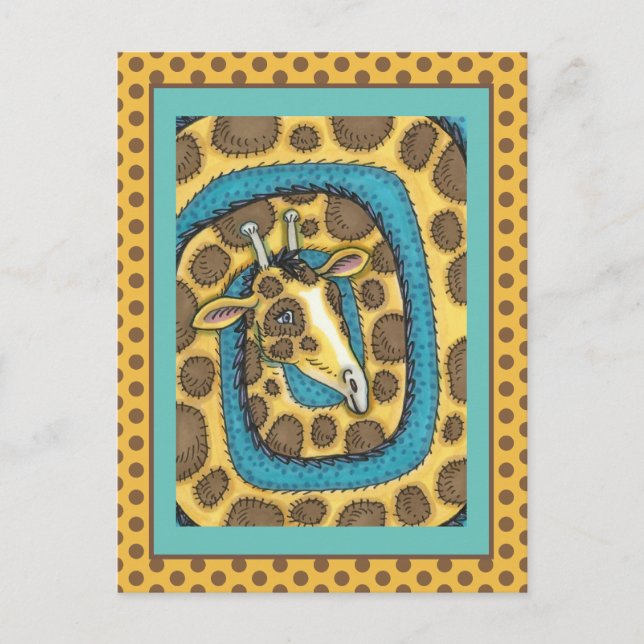 SILLY GIRAFFE LONG NECK AND SPOTS, FUNNY FOLK ART POSTCARD (Front)