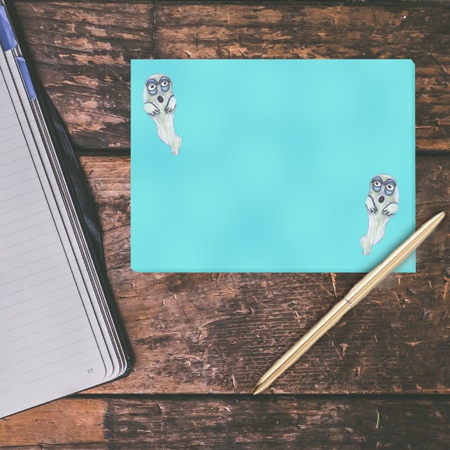 Silly Goofy Cartoon Ghost Big Eyes Halloween Post-it Notes (Two silly floating ghosts blue eyes on aqua blue post it notes for Halloween.)