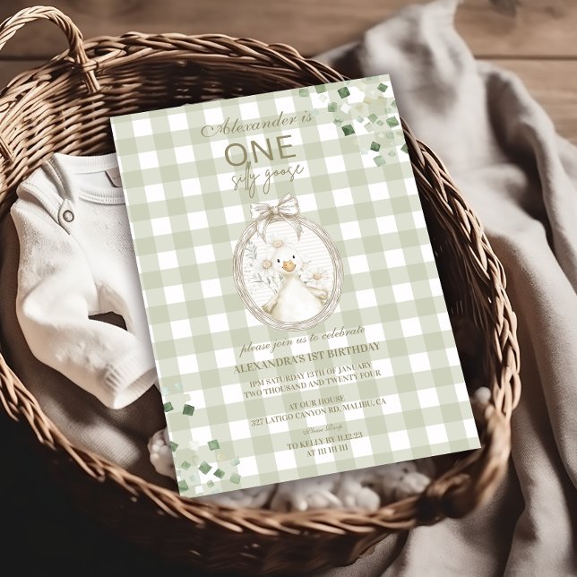 Silly Goose 1st Birthday Green Gingham Invitation (Creator Uploaded)