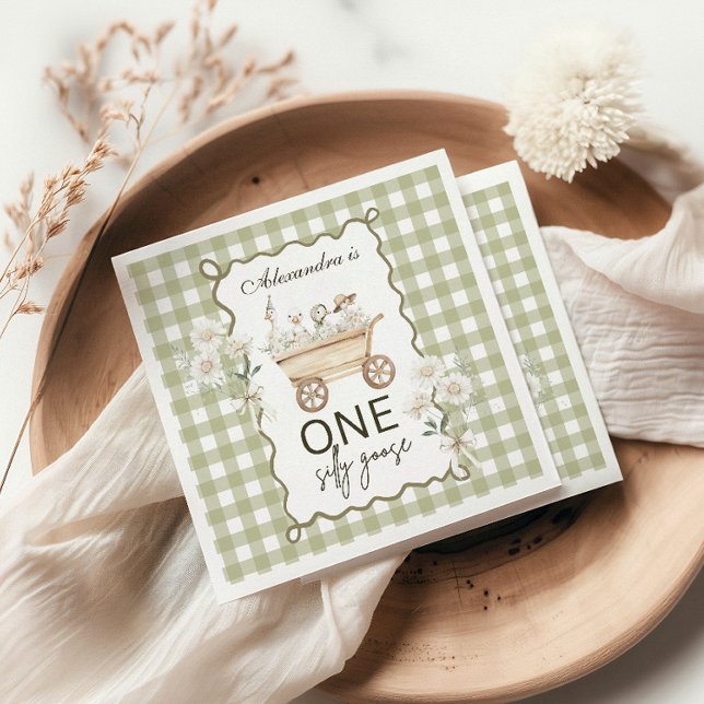 Silly Goose 1st Birthday Green Gingham Napkin (Creator Uploaded)