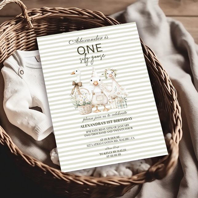 Silly Goose 1st Birthday Green Stripes  Invitation (Creator Uploaded)