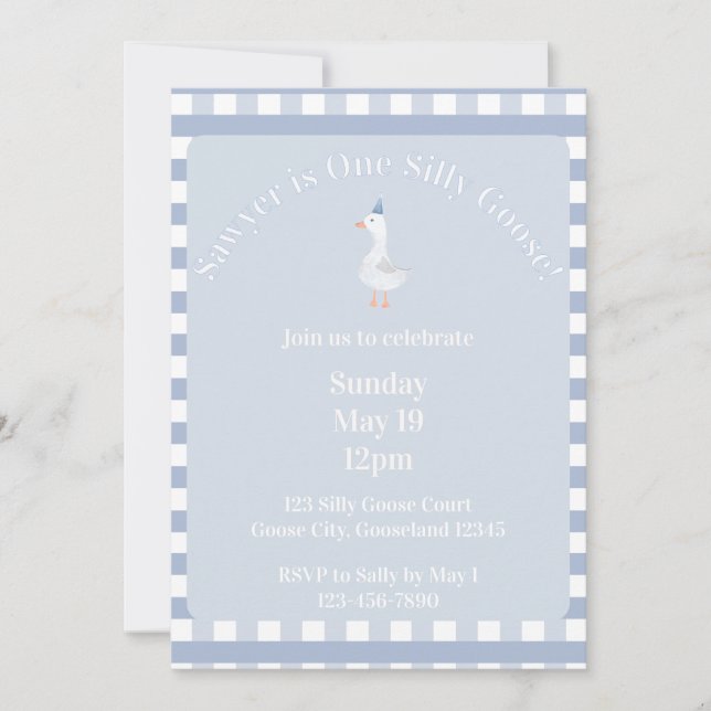 Silly Goose 1st Birthday Invitation (Dusty Blue) (Front)
