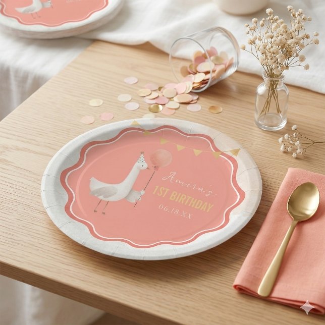 silly goose 1st birthday personalized paper plate (Creator Uploaded)