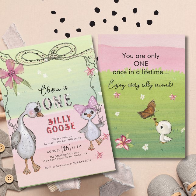 Silly Goose 1st Birthday Pink Bow Green Coquette  Invitation (Silly Goose 1st Birthday Pink Bow Green Coquette Invitation)