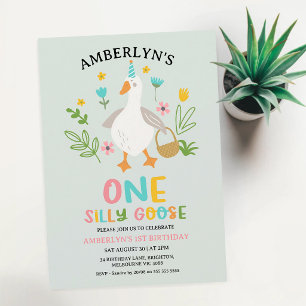 Silly Goose 1st Birthday Sage Green Floral Invitation