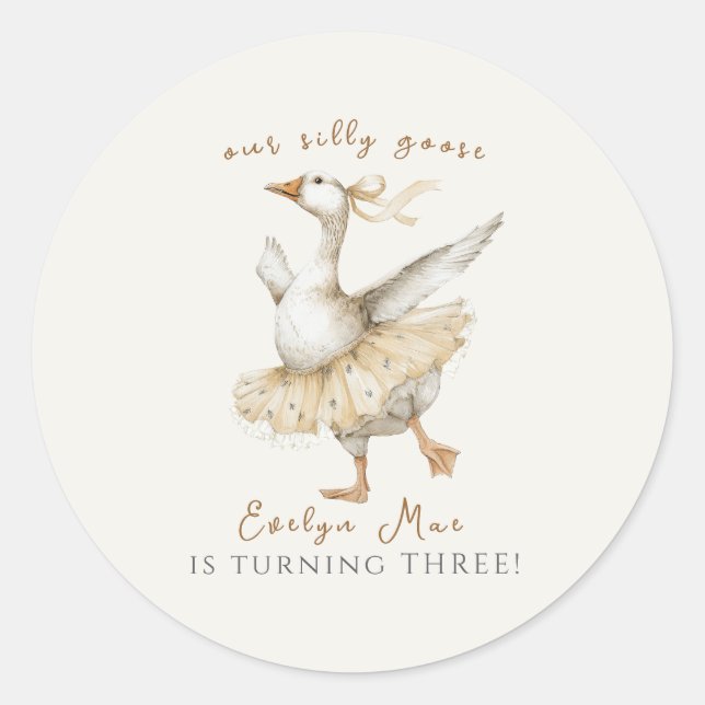 Silly Goose 3rd Birthday Watercolor Classic Round Sticker (Front)