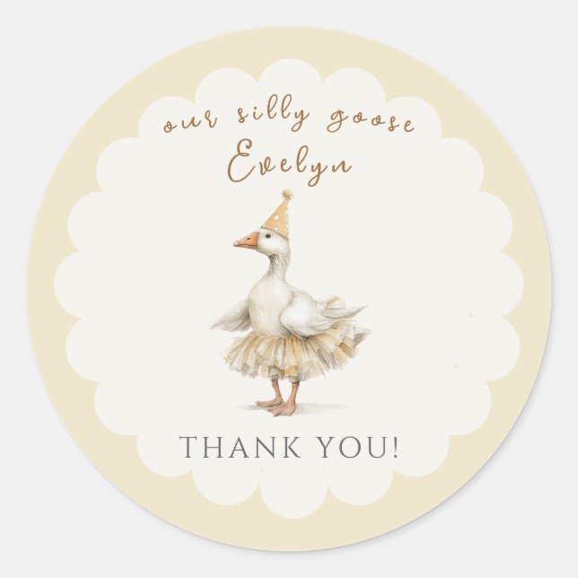 Silly Goose 3rd Birthday Yellow Watercolor Classic Round Sticker (Front)