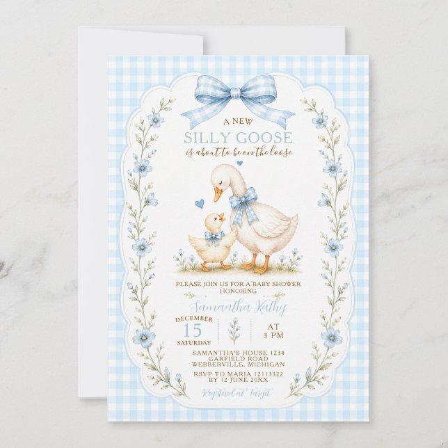 Silly Goose Baby Shower Invitation Boy Blue (Front)