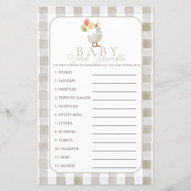 Silly Goose Beige Gingham Baby Word Scramble (Front)