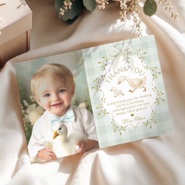 Silly Goose Birthday Sage Gingham Thank you card (Creator Uploaded)