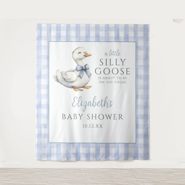 Silly Goose Blue Baby Shower Photo Backdrop Tapestry (Front)