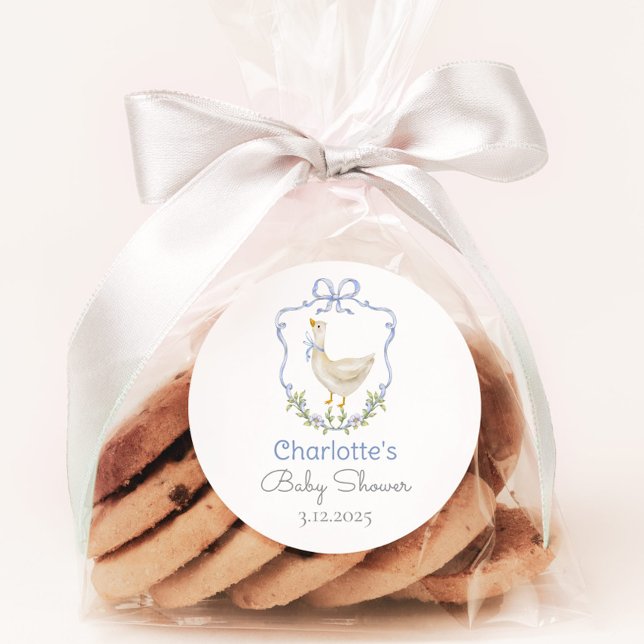Silly Goose Blue bow baby boy shower Thank you Classic Round Sticker (Creator Uploaded)