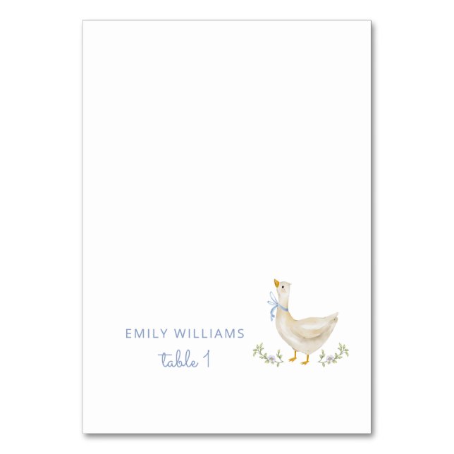 Silly Goose Blue Bow Baby Shower Place Card (Front)
