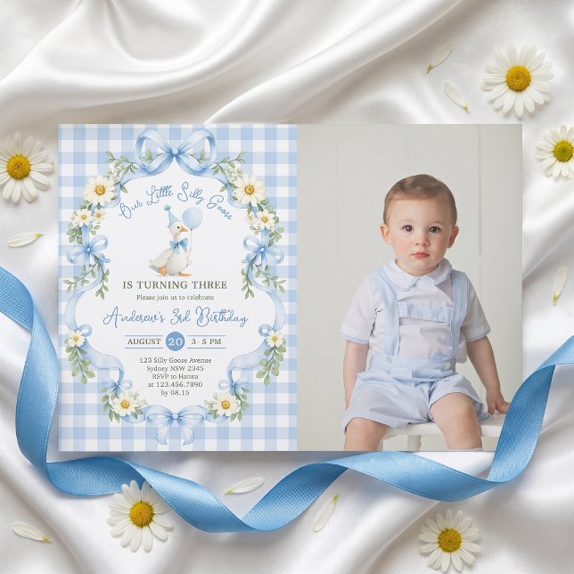 Silly Goose Blue Bow Birthday Invitation Photo (Creator Uploaded)
