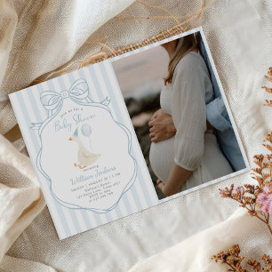 Silly Goose Blue Bow Boy Baby Shower Photo Invitation