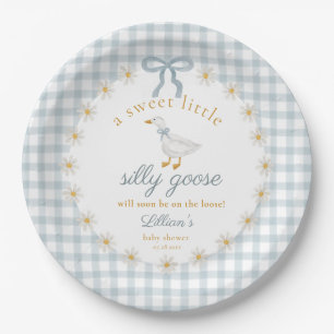 Silly Goose Blue Bow Daisy Gingham Baby Shower Paper Plate