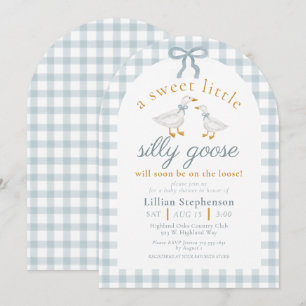 Silly Goose Blue Bow Duck Gingham Baby Shower Arch Invitation