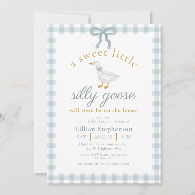 Silly Goose Blue Bow Duck Gingham Baby Shower Invitation (Front)