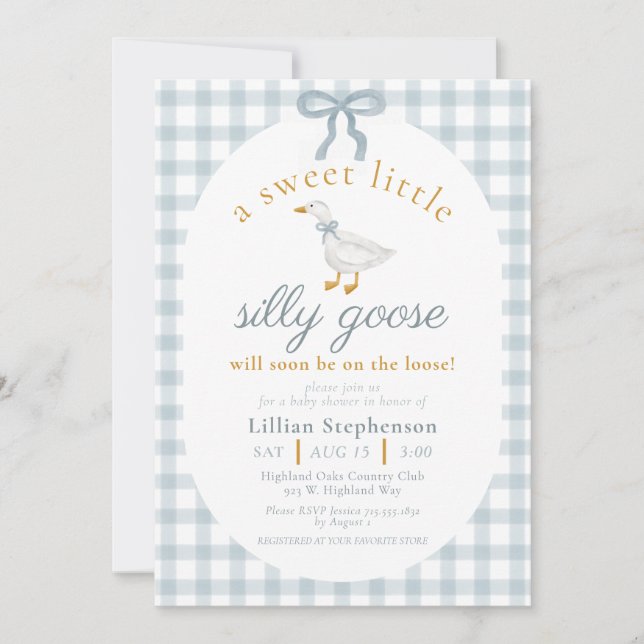 Silly Goose Blue Bow Duck Gingham Baby Shower Invitation (Front)