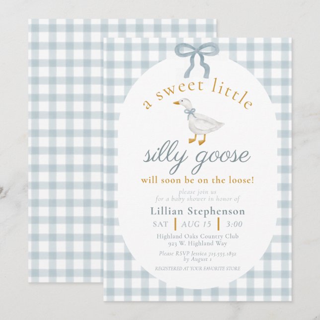 Silly Goose Blue Bow Duck Gingham Baby Shower Invitation (Front/Back)