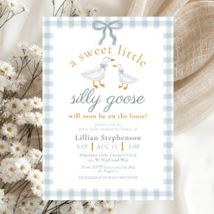 Silly Goose Blue Bow Duck Gingham Baby Shower Invitation