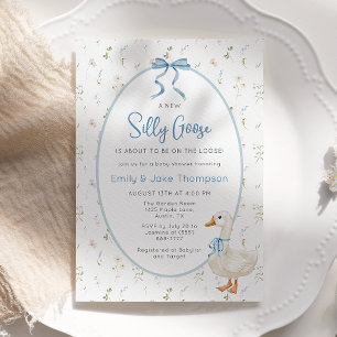 Silly Goose Blue Bow Floral Baby Shower Invitation