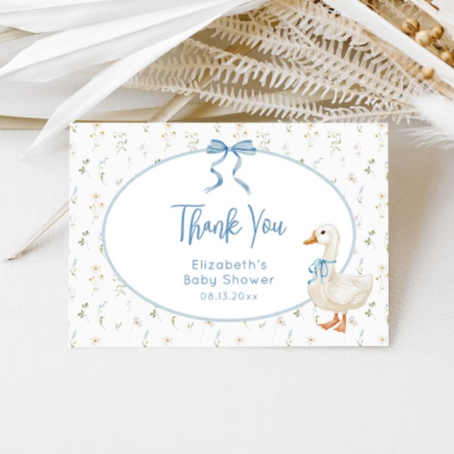 Silly Goose Blue Bow Floral Baby Shower Thank You Card (Creator Uploaded)