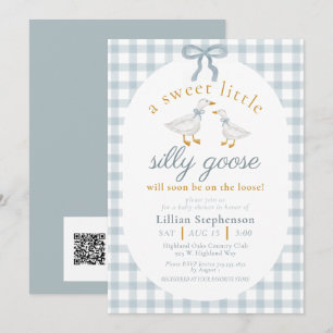 Silly Goose Blue Bow Gingham Baby Shower QR Code Invitation