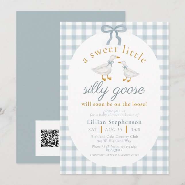 Silly Goose Blue Bow Gingham Baby Shower QR Code Invitation (Front/Back)