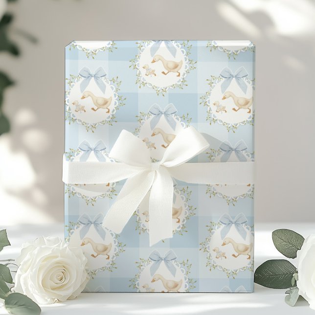 Silly Goose Blue Bow Whimsical Preppy Gingham Wrapping Paper (Creator Uploaded)