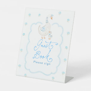 Silly Goose Blue Floral Baby Shower Guest Book Pedestal Sign