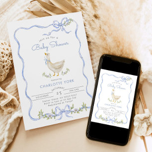  Silly Goose Blue Floral Bow Baby shower Invitation