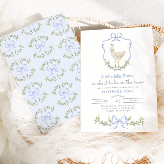  Silly Goose Blue Floral Crest Baby shower Invitation (Creator Uploaded)