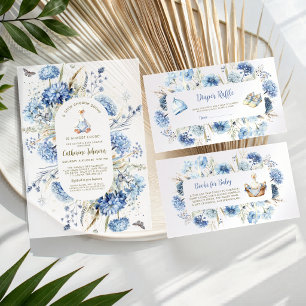 Silly Goose Blue Floral Gingham Baby Shower Invitation