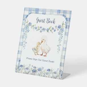 Silly Goose Blue Floral Gingham Guest Book Pedestal Sign