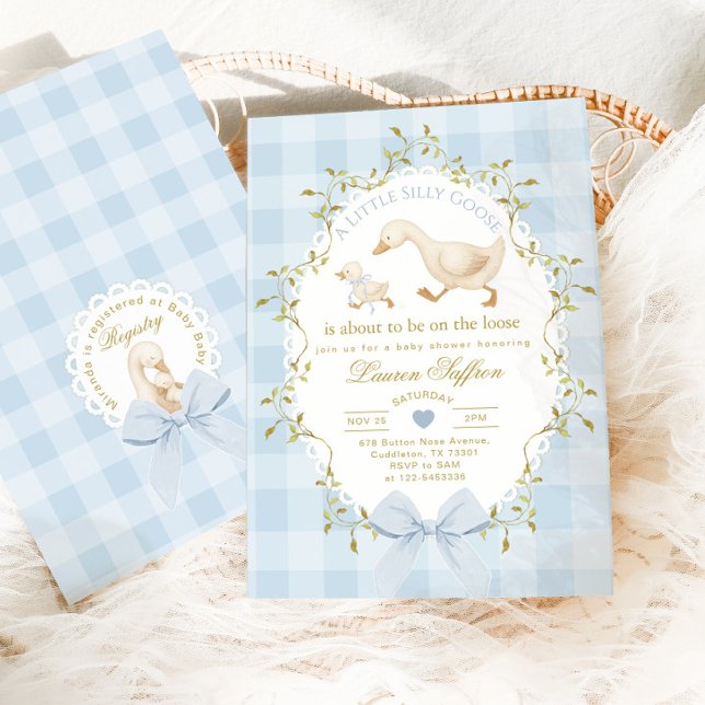 Silly Goose Blue Gingham Baby Boy Shower Invitation (Creator Uploaded)
