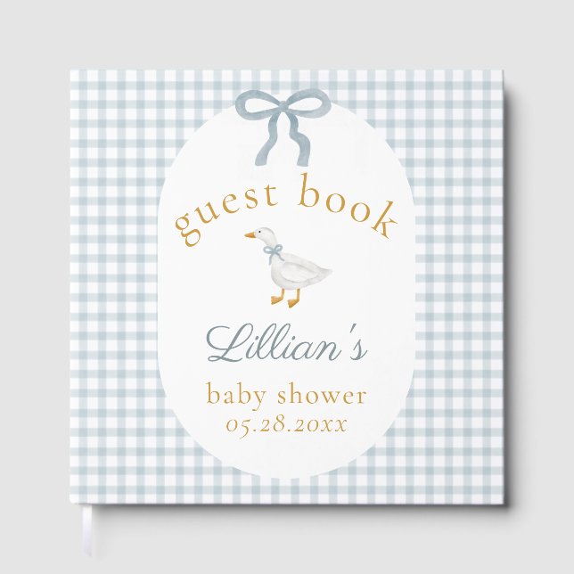 Silly Goose Blue Gingham Baby Shower Guest Book (Front)